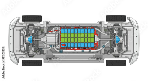 A detailed top-down technical illustration showcases the complex internal components of an electric vehicle chassis including the vibrant green and blue battery pack cells.