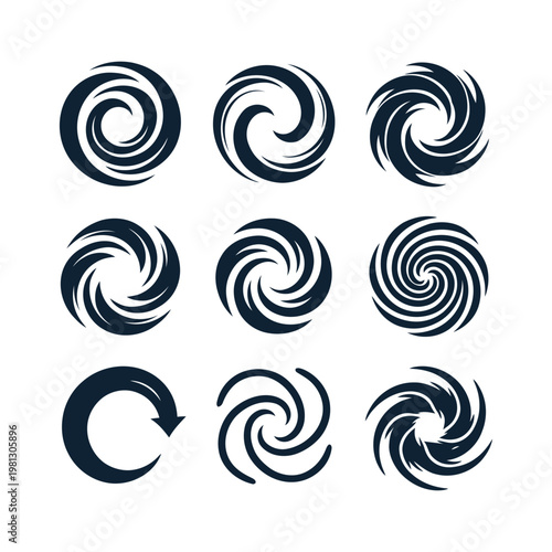 Abstract Spiral Swirl Icon Set with Vortex and Rotating Circular Shapes