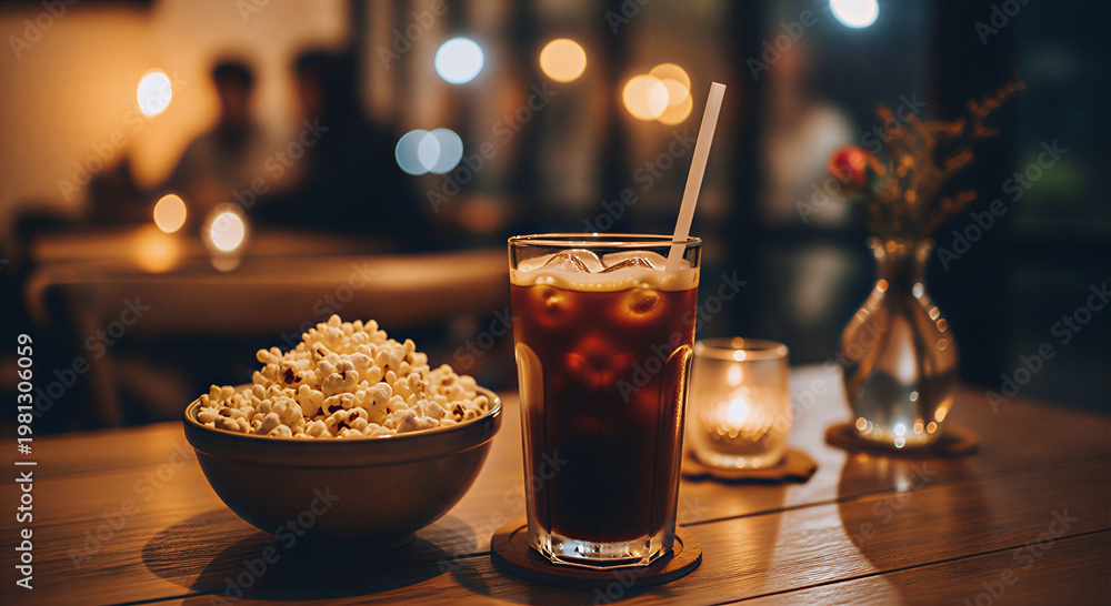 Fototapeta premium A bowl of popcorn and a glass of iced coffee with a straw on a wooden table in a dimly lit cafe with bokeh lights.