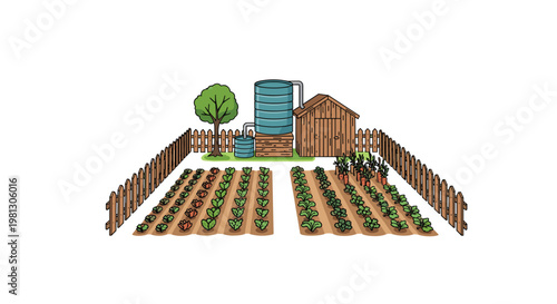 A pristine isometric garden layout showcases organized rows of growing vegetables alongside a wooden storage shed and a blue water tank under clear bright light.
