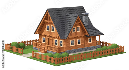 A cozy two-story wooden log cabin featuring a dark grey shingled roof and a stone foundation is nestled within a charming brown picket fence under warm golden light.