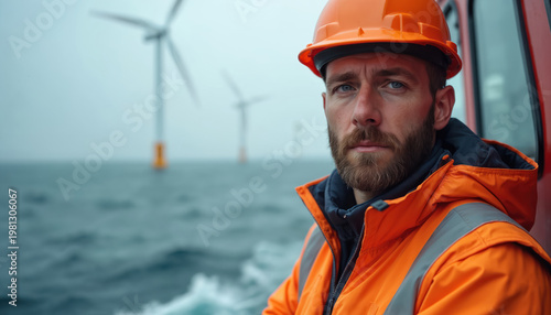 Bearded man in orange safety vest and helmet on boat. Wind turbines in ocean background. Worker in offshore wind farm industry checks equipment. Future clean energy generation.
