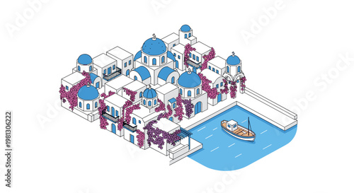 A picturesque coastal Greek village featuring pristine white buildings with blue domes and vibrant pink bougainvillea flowers overlooks a calm blue harbor in summer.