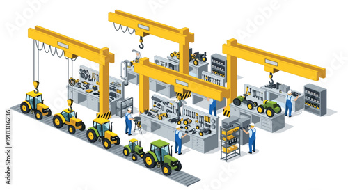 A busy isometric factory floor features multiple workers in blue overalls meticulously assembling vibrant yellow and green tractors using large overhead yellow gantry cranes.