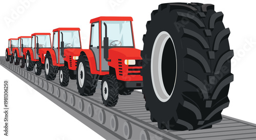 A perspective view shows a long line of identical red tractors moving along a gray industrial conveyor belt with a massive black tire featured prominently.