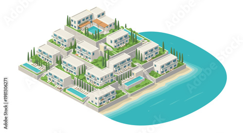 A luxurious Mediterranean style resort complex with white multi-level villas and private turquoise swimming pools overlooks a serene sandy beach and calm blue ocean.