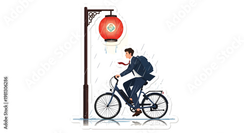 Businessman riding bicycle on rainy day with lantern