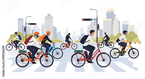 Cyclists riding bicycles on city street crossing