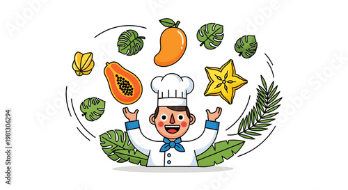 Cartoon chef with fruits and vegetables, healthy food concept