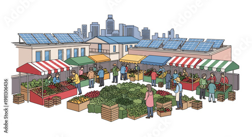 Solar powered community market with people shopping for fresh produce