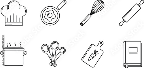 Cooking and kitchen icons vector set with chef hat pan whisk rolling pin and utensils outline illustration collection