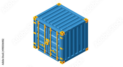 A robust blue isometric shipping container features bright yellow corner fittings and detailed locking mechanisms for secure global logistics on white.