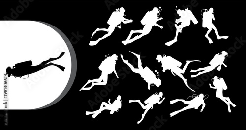 A scuba diver swims out of a white circle into a group of divers on a black background