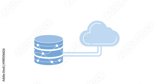 A blue cylindrical database storage unit featuring white circuit patterns connects to a soft blue cloud icon via a thick pipe on a white background.