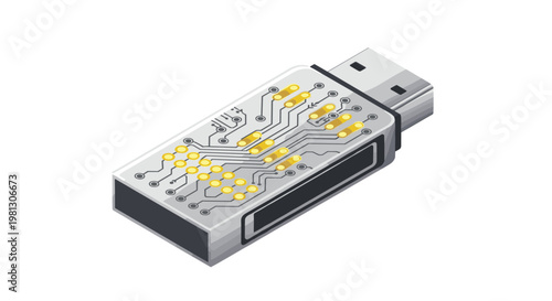 A sleek isometric USB flash drive displays its internal electronic circuitry and gold connection points through a transparent gray casing on white.