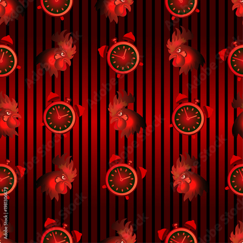 A seamless pattern of two symbols of awakening - a rooster and an alarm clock.