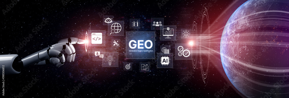 Fototapeta premium Digital marketing concept featuring GEO strategy, optimizing content for AI search engines and large language models. Evolution of SEO, brand authority, and AI citation visibility. Corpus