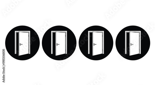 A series of four identical black circles each containing a white door slightly ajar