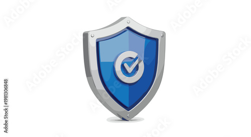 A sleek three-dimensional security shield icon featuring a metallic silver frame and a bright blue core with a prominent white checkmark symbol centered.