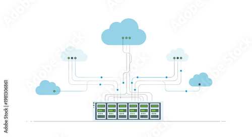 A central server rack unit with glowing green indicator lights connects to five blue clouds through vertical data lines against a clean white background.