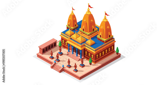 A magnificent orange Hindu temple complex features multiple tiered spires and vibrant blue roof accents situated on a spacious light pink isometric courtyard.