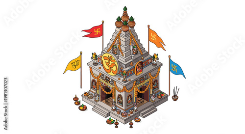 A highly detailed isometric Hindu temple architecture displays vibrant orange garlands and religious flags with a prominent golden Om symbol on its facade.
