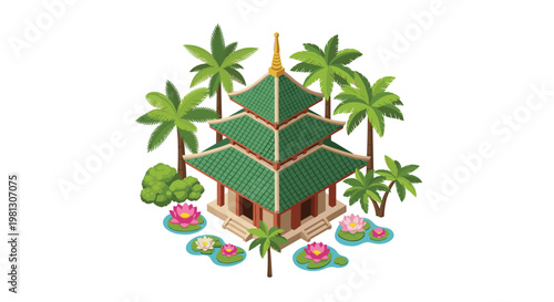 A serene isometric temple structure with tiered green roofs stands elegantly amidst tropical palm trees and a tranquil pond filled with blooming lotus flowers.