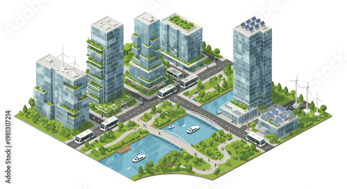 A futuristic and sustainable isometric city showcases glass skyscrapers with lush vertical gardens and renewable energy sources under bright daylight conditions.