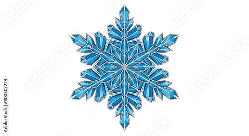 A stunningly detailed blue snowflake featuring sharp crystalline facets and a polished silver border shines brilliantly against a pristine white background surface.