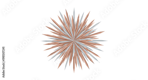 A complex symmetrical starburst composed of hundreds of sharp metallic needles in polished copper and silver finishes radiates outward against a stark white background.