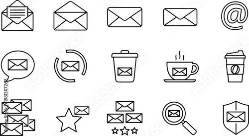 Email and message icons vector set with envelope chat inbox notification and communication symbols outline illustration