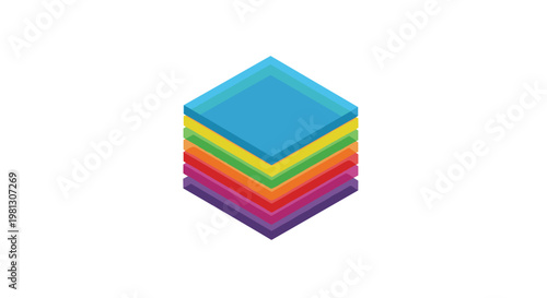 A simple yet elegant isometric stack of translucent multi-colored square layers forms a vibrant rainbow cube centered against a pristine white background.