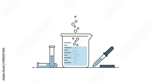 A meticulous line art illustration displays a glass beaker filled with bubbling light blue liquid alongside test tubes and a scientific dropper tool on a table.