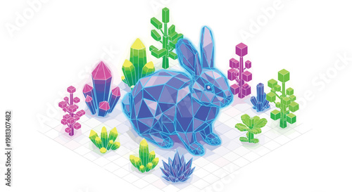 A majestic blue low-poly rabbit sits peacefully within a vibrant landscape of glowing crystalline structures and stylized voxel trees on a white grid floor.
