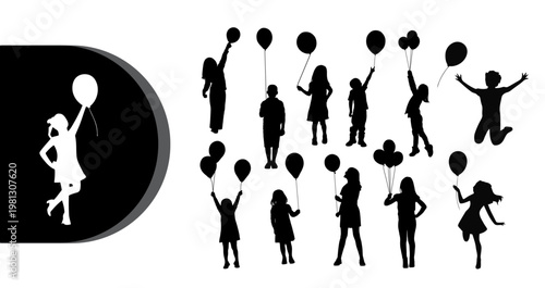 A group of happy people in silhouette holding balloons in the air