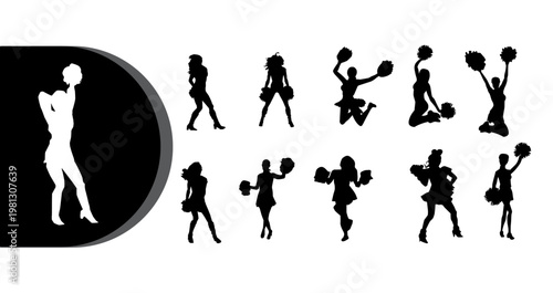 A group of cheerleader silhouettes in various poses on a white background