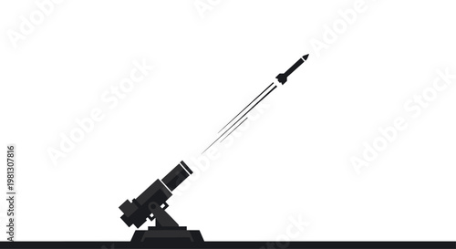A stark black silhouette depicts a mobile missile launcher firing a single rocket into the air at a sharp diagonal angle against a white background.