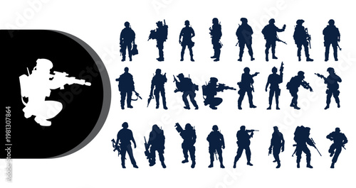 A collection of blue and white silhouettes of soldiers in various combat positions on a white background
