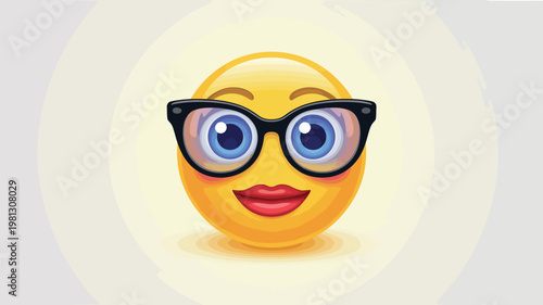 Nerd emoji with glasses and red lips, 3D yellow smiley face wearing black cat-eye frames, female scholar emoticon vector illustration