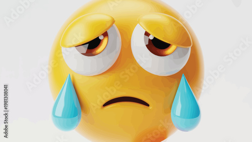 Sad crying emoji with blue tears, 3D yellow face with unhappy expression, glossy emotional character icon for social media and messaging