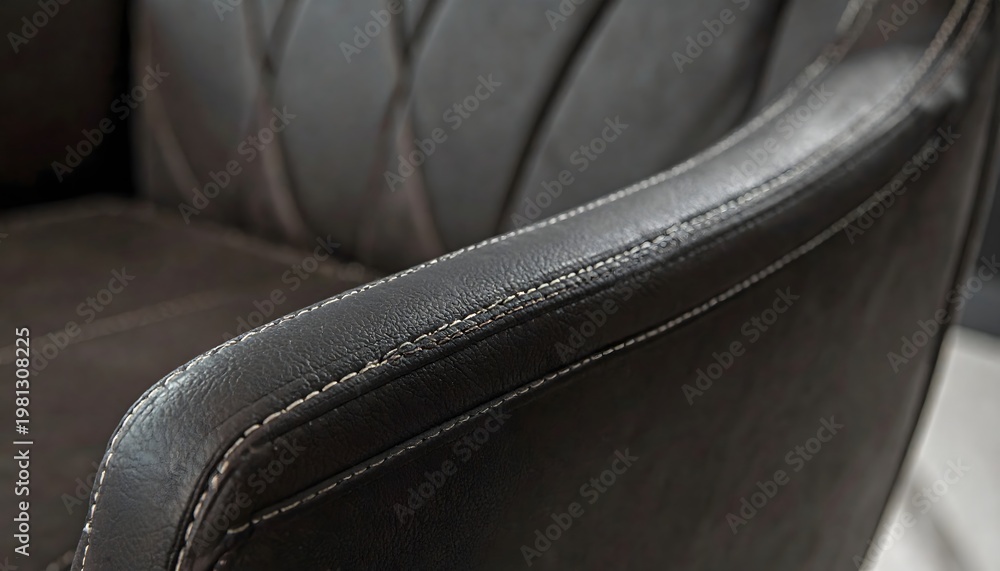 Obraz premium Close-up on the detailed stitching and rich texture of a dark brown leather chair armrest, showcasing quality craftsmanship and luxurious comfort.