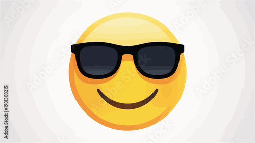 Cool yellow emoji wearing black sunglasses, happy smiling face with shades vector illustration, confident summer mood emoticon for social media
