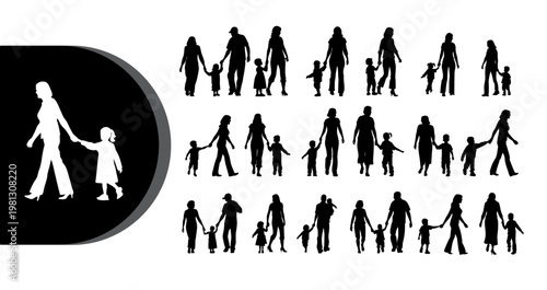 A collection of black and white silhouettes depicting various family members and children in different poses.