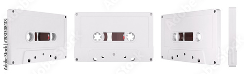 3D Rendered Collection of Blank White Audio Cassette Tapes in Multiple Angles.