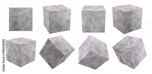 Fotografie 3D Rendered Collection of Light Grey Distressed Concrete Cubes in Multiple Angles