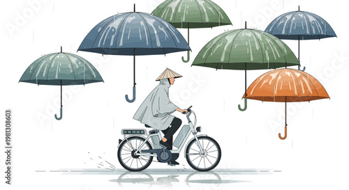 Man riding bicycle under colorful umbrellas on rainy day