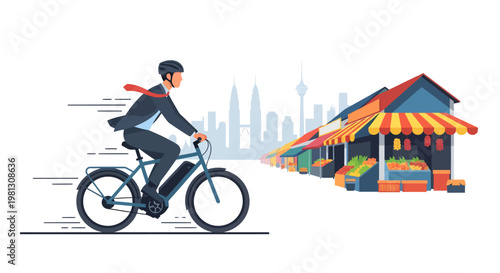Man riding bicycle past food stalls towards city skyline