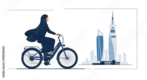 Woman in hijab riding bicycle near modern cityscape skyscrapers
