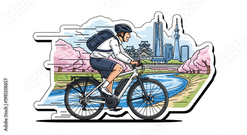 Man riding bicycle in city park with skyscrapers and blooming trees