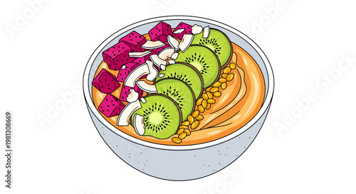 Vibrant fruit bowl with kiwi, dragon fruit, and coconut flakes
